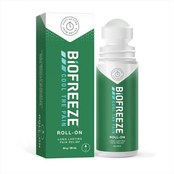 A Biofreeze Pain Relief Roll-on (84g) image shows the green bottle upright beside its box. The label states Cool the Pain with Long Lasting Pain Relief. Using cold therapy, the roller top offers easy application.