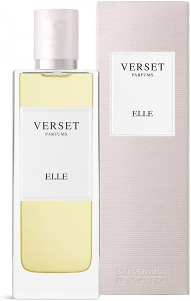 A 50ml rectangular bottle of Verset Elle by Verset, filled with light yellow perfume, stands next to its matching light pink and white box labeled "Verset Parfums Elle.