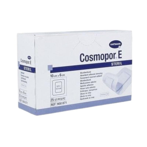 Box of Cosmopor E-Adhesive sterile, hypoallergenic wound dressings, 10 cm x 6 cm. The packaging is white with blue accents, featuring product details and an image of the absorbent dressing. Contains 25 pieces, reference number 900 871.