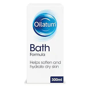 A white box of Oilatum Bath Formula Emollient Wash (300ml) features a blue circular logo and reads: Helps soften and hydrate dry skin conditions, making it ideal for eczema treatment.