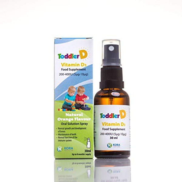 The ToddlerD 200-400IU Vitamin D3 Spray by DailyD features two children playing on the box and bottle. This amber 30ml spray with a black cap offers essential immune support with its natural orange-flavored solution, perfect for growing toddlers.