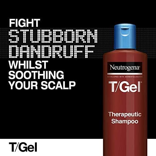 Image of Neutrogenas T-Gel Therapeutic Shampoo (125ml), promoting its ability to treat stubborn dandruff, psoriasis, and seborrhoea while soothing your scalp. The brown bottle with a blue cap prominently features the brand logo, emphasizing its effectiveness.