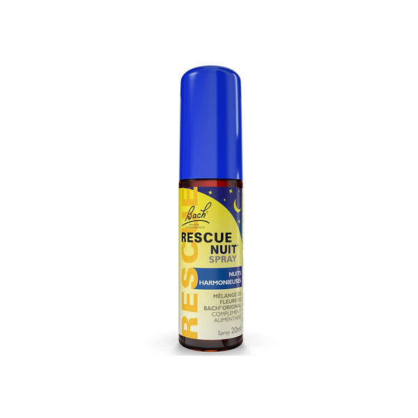 The Bach Rescue Night Spray, a remedy for sleep issues, stands upright with a yellow bottle and blue cap. The 20ml spray features a crescent moon design and bilingual text in French and English.