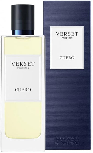 A 50ml bottle of Verset Cuero by Verset stands beside its dark blue box, featuring a rectangular design with a black cap and a white label displaying the brand and fragrance name.