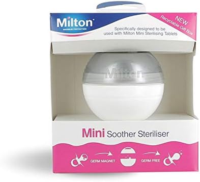 The Milton Mini Soother Steriliser (Silver/Grey) packaging highlights compatibility with Milton Mini Sterilising Tablets and features the Germ Magnet for a germ-free experience, all adorned with pink accents. Its perfect as a portable steriliser for baby soothers.