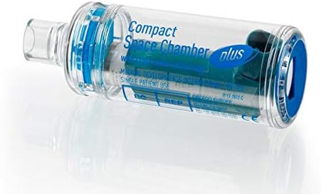 A transparent, cylindrical Space Chamber Plus Compact with a blue cap and mouthpiece is designed to optimize metered dose inhalers, highlighting its role in enhancing inhalation therapy.