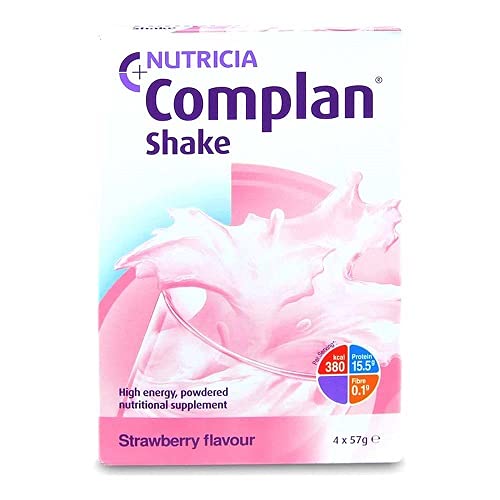 Complan Strawberry Shake 4 X 57G Sachets, for combating disease-related malnutrition under medical supervision, is a high-energy nutritional supplement with energy and protein details, featuring a pink milk splash on the package.