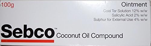 A white box shows the Sebco Ointment (100g) labeled in black and red. This Sebco brand skincare product includes 12% w/w coal tar solution, 2% w/w salicylic acid, and 4% w/w sulfur for external use, designed to manage skin conditions.