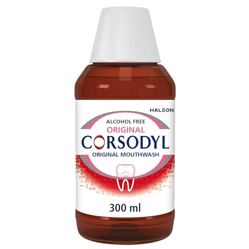 Corsodyl Mouthwash Original Alcohol Free (300 ml) features a white cap, Original label, red and blue accents, and a tooth image. It contains chlorhexidine digluconate for effective plaque prevention.