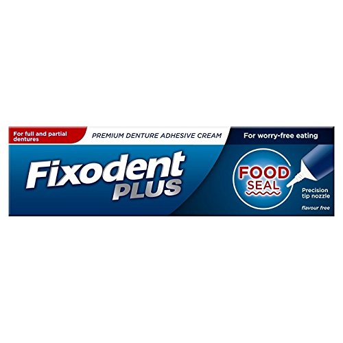 The Fixodent Plus Food Seal Adhesive Cream 35ml, titled No More Food Leaks, features a precision tip nozzle for effective food sealing, allowing for comfort and worry-free eating. Suitable for full and partial dentures, this flavor-free product ensures security.