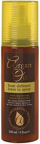 The Argan Oil Heat Defence Spray 150ml, from brand Argan, is a brown bottle with a yellow cap. It provides heat styling protection while nourishing hair with Moroccan argan oil extract and holds 5 fl oz.