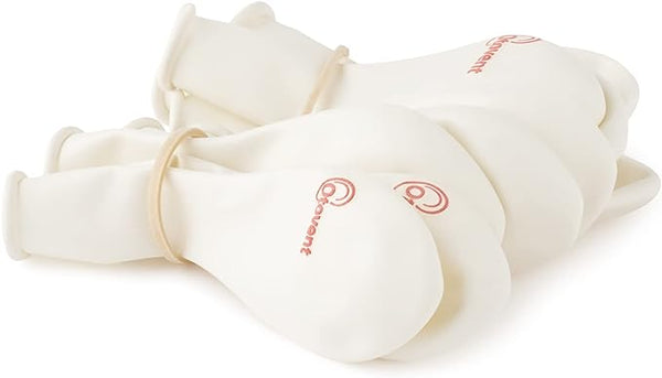 A bundle of white deflated latex Otovent balloons with a red logo, secured with rubber bands, evokes thoughts of medical innovations like the Otovent Glue Ear Treatment. They lie in a pile on a plain white background, reminiscent of tools used in middle ear treatments.