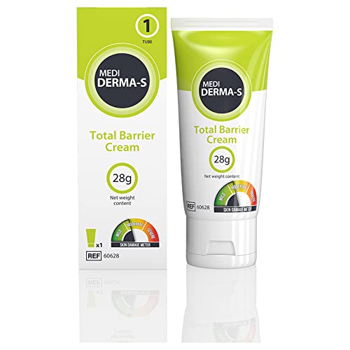 Box and tube of Medi Derma-s Total Barrier Cream (28g) by MEDI. It features white packaging with green accents, a moisture protection scale, and skin protection instructions.