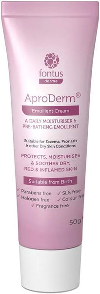 AproDerm Emollient Cream (50g) is a pink, vegan-friendly moisturizer ideal for eczema, psoriasis, and dry skin. Suitable for daily use and pre-bathing, its paraben-free, halogen-free, SLS-free, and fragrance-free.