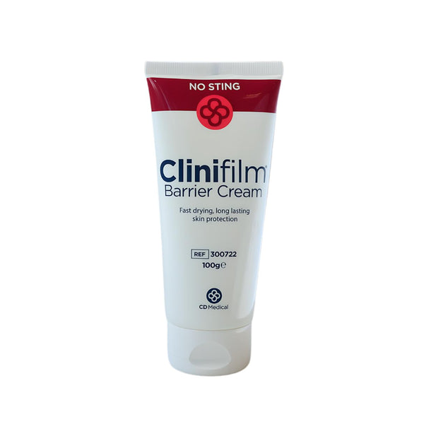 The white 100g tube of Clinifilm Barrier Cream, capped in red and labeled No Sting, provides fast-drying, long-lasting skin protection. Its perfect for wound dressing and stoma care, elegantly displaying the CD Medical logo at the bottom.