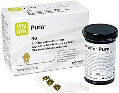 A box of Mylife Pura Blood Glucose Test Strips (50 Strips) is displayed, featuring a white design with green and red accents. Three strips lie in front, ideal for diabetes management.