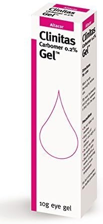 Image of a white box displaying Clinitas Carbomer Gel 0.2% in black text with a pink droplet icon and accents. This 10g eye gel by Clinitas is ideal for relieving dry eyes, featuring directions and ingredients on the side.