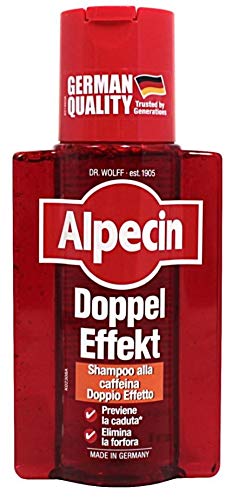 A red bottle of Alpecin Double Effect Shampoo 200ml, with bold white text, highlights German Quality, Shampoo alla caffeina, and Prevents hair loss. Designed to strengthen hair roots and treat dandruff, its made by Alpecin in Germany.