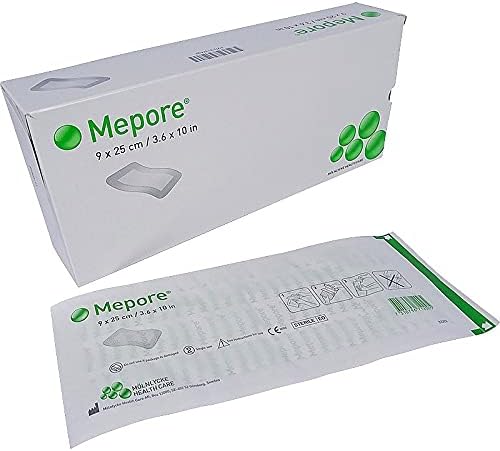 The Molnlycke Mepore absorbent dressing is a sterile wound care product in a white 9 x 25 cm box with green text and graphics. The unopened package displays instructions and rests on a flat surface.