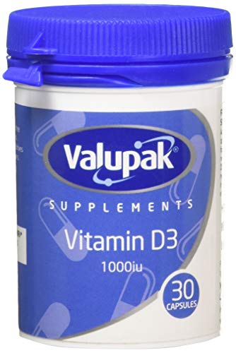 Valupak Vitamin D3 1000IU (30 tablets), in a blue and white container, supports your bodys Vitamin D needs, especially when sunlight exposure is limited.