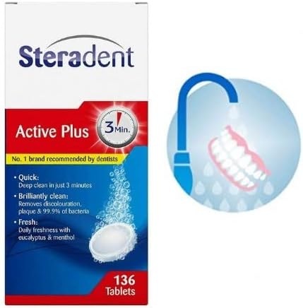 Image of Steradent Active Plus Denture Cleaning (136 Tablets) box highlights Quick: Deep clean in just 3 minutes, Brilliantly clean, and Fresh features. An icon of a denture rinsed under a faucet showcases its bacteria-killing power for thorough cleaning.