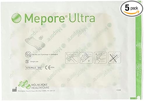 The Mepore Ultra (10x11) dressings by Molnlycke come in a 5-pack, featuring self-adhesive technology and superior absorbency, with clear instructions and diagrams for effective wound care.