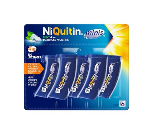 Niquitin Minis Mint 4 Mg Lozenges provide crucial nicotine aid to help quit smoking, suitable for those consuming over 20 cigarettes daily. This blue and orange pack contains 100 mini lozenges and includes four individual containers.