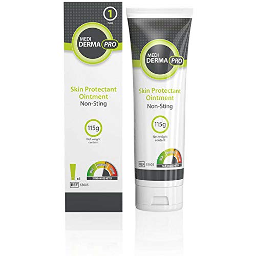 A tube and box of Medi Derma Pro - Non-sting Skin Protectant Ointment (115g) from MEDI, featuring a white design with green accents. Both packaging forms emphasize Moisture Barrier Protection details and icons, ideal for Incontinence Associated Dermatitis care.