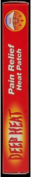 The red rectangular box of the Deep Heat Pain Relief Heat Patch (1) displays Pain Relief Heat Patch vertically and the iconic Deep Heat flame logo, offering therapeutic heat for effective muscular pain relief.