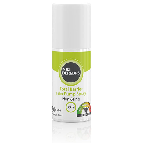 The 30ml Medi Derma-s Total Barrier Film Pump Spray displays a Non-Sting label and a color wheel for skin protection levels, highlighting its silicone-based barrier technology. The bottle is white with green and gray accents.