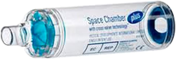 The image displays the Space Chamber Plus, a transparent spacer from Space Chamber. It has a cylindrical design with a blue interior and left-end mouthpiece, aiding asthma action plans.