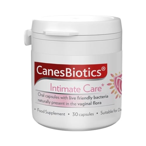 The Canesbiotics container is labeled for Canesten Canesbiotics Oral Capsules (30s), featuring live cultures. This supplement aids vaginal flora health and is ideal for daily use.