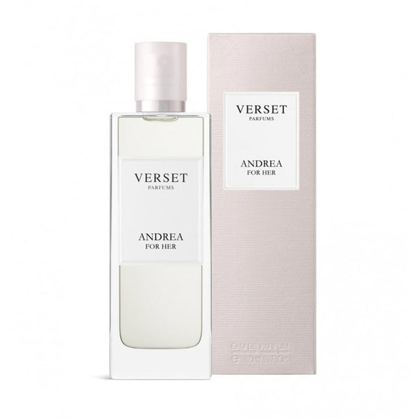 A clear rectangular 50ml Verset Andrea perfume bottle stands beside its matching light pink box, both displaying the elegant Verset label.