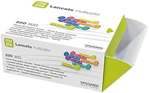 A partially open box of Mylife M/Coloured Lancets reveals multicolor 30G lancets for pain-free diabetic blood sampling, containing 200 sterile and disposable lancets by Ypsomed.