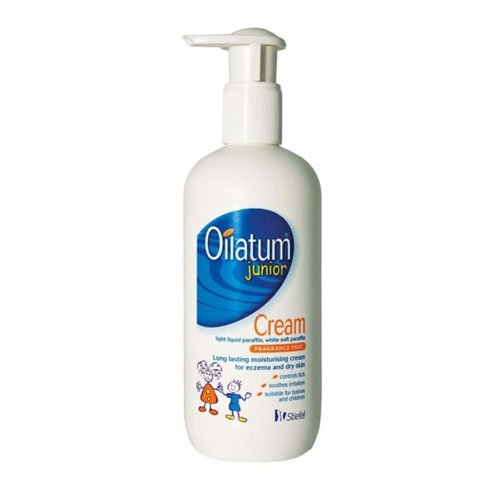 The 150ml Oilatum Junior Cream, by Oilatum, features blue and orange text with cartoon figures. It comes with a pump dispenser and is a moisturizing eczema treatment for dry skin, ideal for childrens sensitive skin.