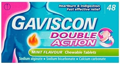 Gaviscon Double Action Mint Chewable (48 Tablets) by Gaviscon offers fast heartburn relief with ingredients like sodium alginate, sodium bicarbonate, and calcium carbonate to effectively address indigestion.