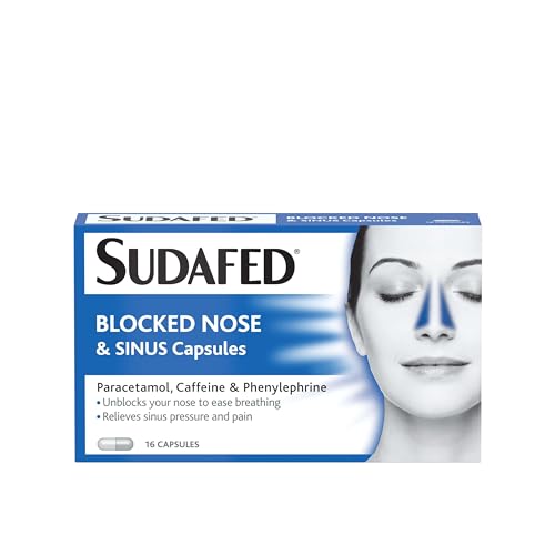 Sudafed Fever Blocked Nose and Sinus Capsules (16 count) package shows a peaceful womans face with blue sinus highlights, detailing ingredients like Paracetamol, Caffeine, and Phenylephrine hydrochloride for sinusitis relief.