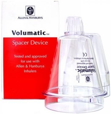 Image of a Glaxosmithkline Volumatic Spacer Device in its packaging, ideal for asthma treatment. The red and white package reads Tested and approved for use with Allen & Hanburys Inhalers. The transparent spacer has printed text and a conical shape.