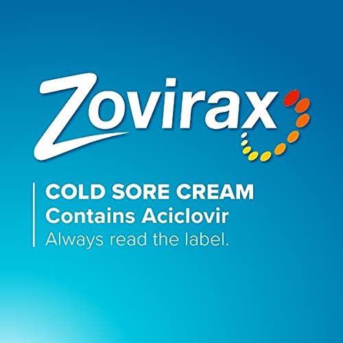 A blue background features Zovirax in bold white letters with an orange circle accent. It reads Cold Sore Cream Contains Aciclovir, spotlighting fast relief as its active ingredient. Always read the label.