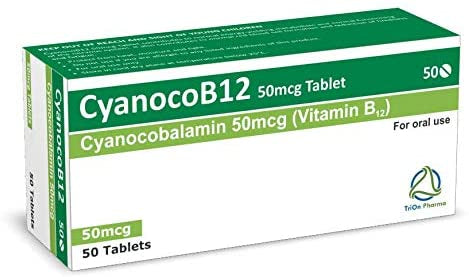 TriOn Pharma Vitamin B12 50mcg - Cyanocobalamin (50 Tablets) comes in a green and white package labeled for oral use. Each tablet contains 50mcg of cyanocobalamin.