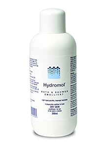 The Hydromol Bath and Shower Emollient (500ml) features a white label with blue graphics, serving as a soap alternative for Eczema and dry skin. User instructions and essential information are conveniently located on the sides.