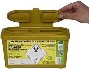 A hand opens a yellow 1L Wide Sharpsguard sharps bin with a biohazard symbol labeled on it, essential for safe disposal of sharps. It features clear warnings and instructions to ensure the proper storage and disposal of hazardous medical waste.