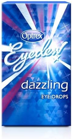 Image of a blue and purple Optrex EyeDew Dazzling Eye Drops (10ml) box with a starburst design. Ideal for contact lens wearers, these drops help reduce eye redness. The product name is displayed in white cursive and bold fonts.