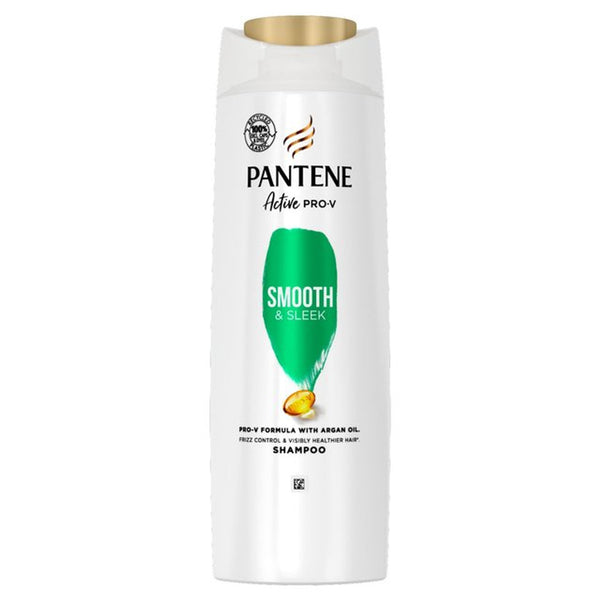 A white 500ml bottle of Pantene Active Nutri Plex - Smooth and Sleek Shampoo with a gold cap, green label, and argan oil illustration, designed for hair shine and frizz control.