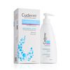 A 500ml pump bottle of Cuderm Lotion Oatmeal stands next to its box. The white and blue Cuderm packaging highlights it as an alcohol-free moisturiser for sensitive, dry, or delicate skin.