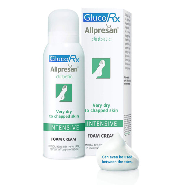 The image shows a white bottle of Gluco Rx Allpresan Diabetic Intensive Foot Cream (125ml) and its box, highlighting its suitability for use between toes and offering intensive hydration. A dollop of foam is presented in front of the products.