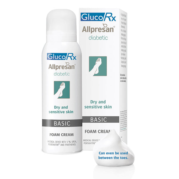 The GlucoRx Allpresan Diabetic Basic Foot Cream (125ml) is displayed with its box, featuring a foam sample that emphasizes its simple formula, ideal for caring for dry and sensitive skin, particularly between toes.