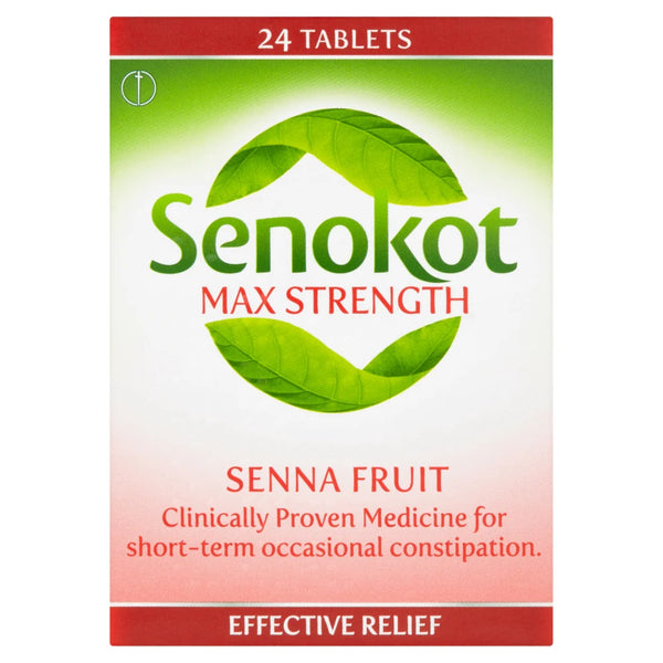 Senokot 12 Years Plus Max Strength Senna (24 Tablets) in green and white packaging features leaf graphics, highlighting natural Senna for effective, short-term relief of occasional constipation. Includes Effective Relief text. Brand: Senokot.