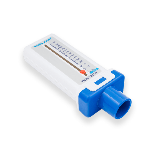 The Vitalograph Peak Flow Meter is a portable respiratory health device with a white body, blue accents, and a clear measurement scale. It includes a mouthpiece for measuring peak expiratory flow rate to assess lung function.