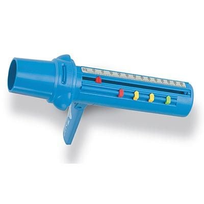 The AirZone Personal Peak Flow Meter by AirZone improves respiratory health with a blue design, featuring a left-sided mouthpiece and a right-sided scale with red, yellow, and green markers to track peak expiratory flow rates.